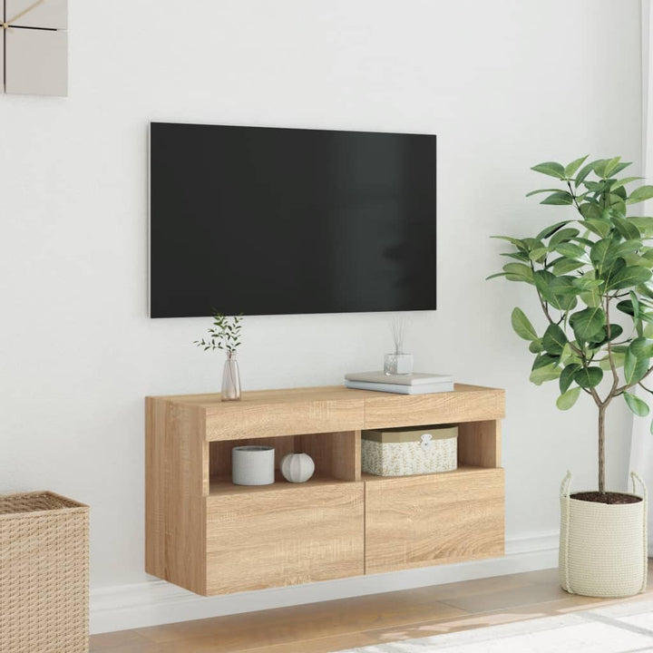 væghængt tv-bord med LED-lys 80x30x40 cm sonoma-eg