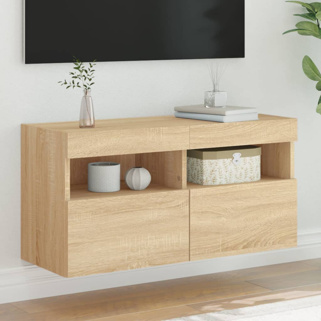 væghængt tv-bord med LED-lys 80x30x40 cm sonoma-eg
