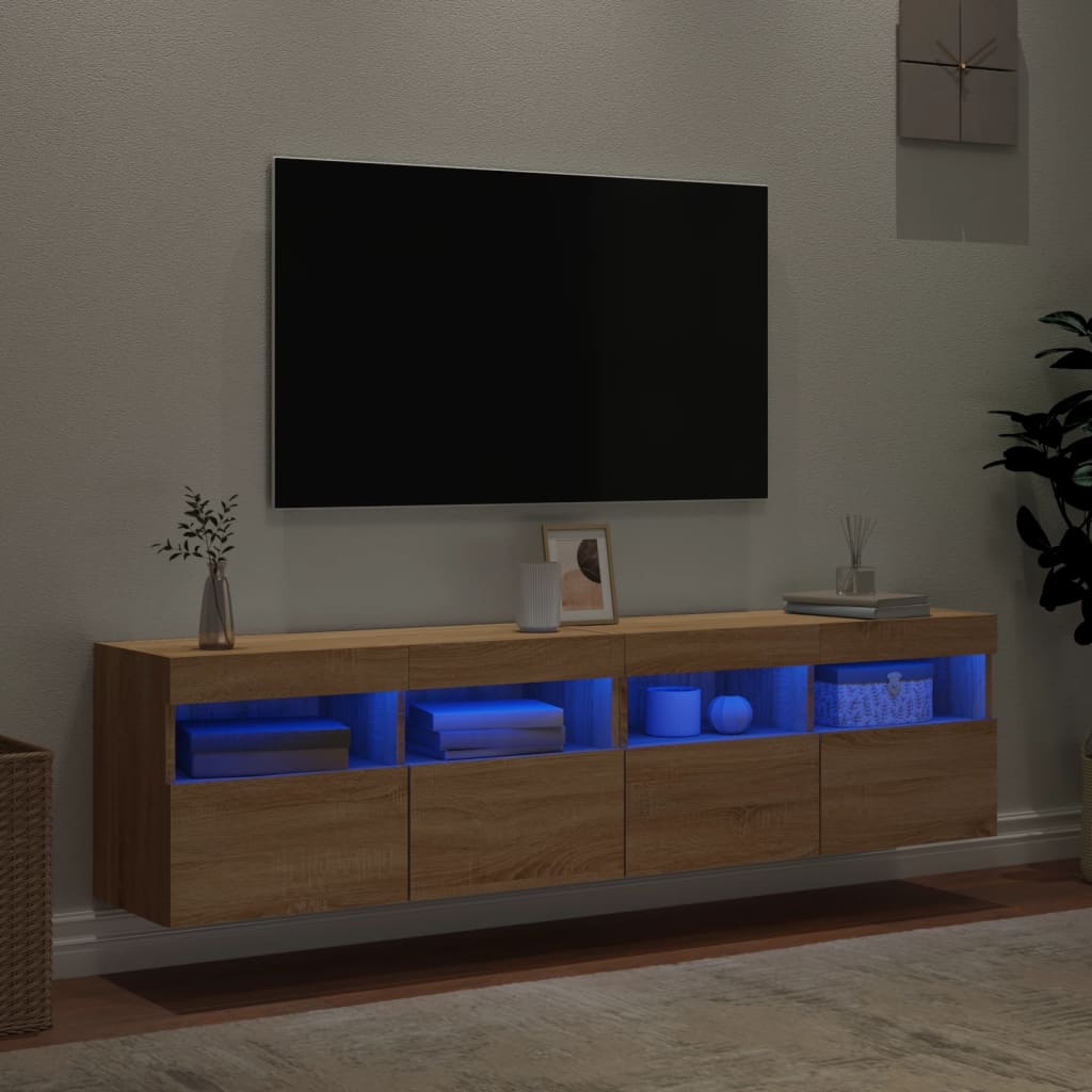 væghængte tv-borde 2 stk. med LED-lys 80x30x40 cm sonoma-eg