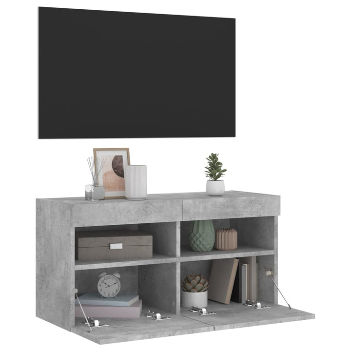 væghængt tv-bord med LED-lys 80x30x40 cm betongrå