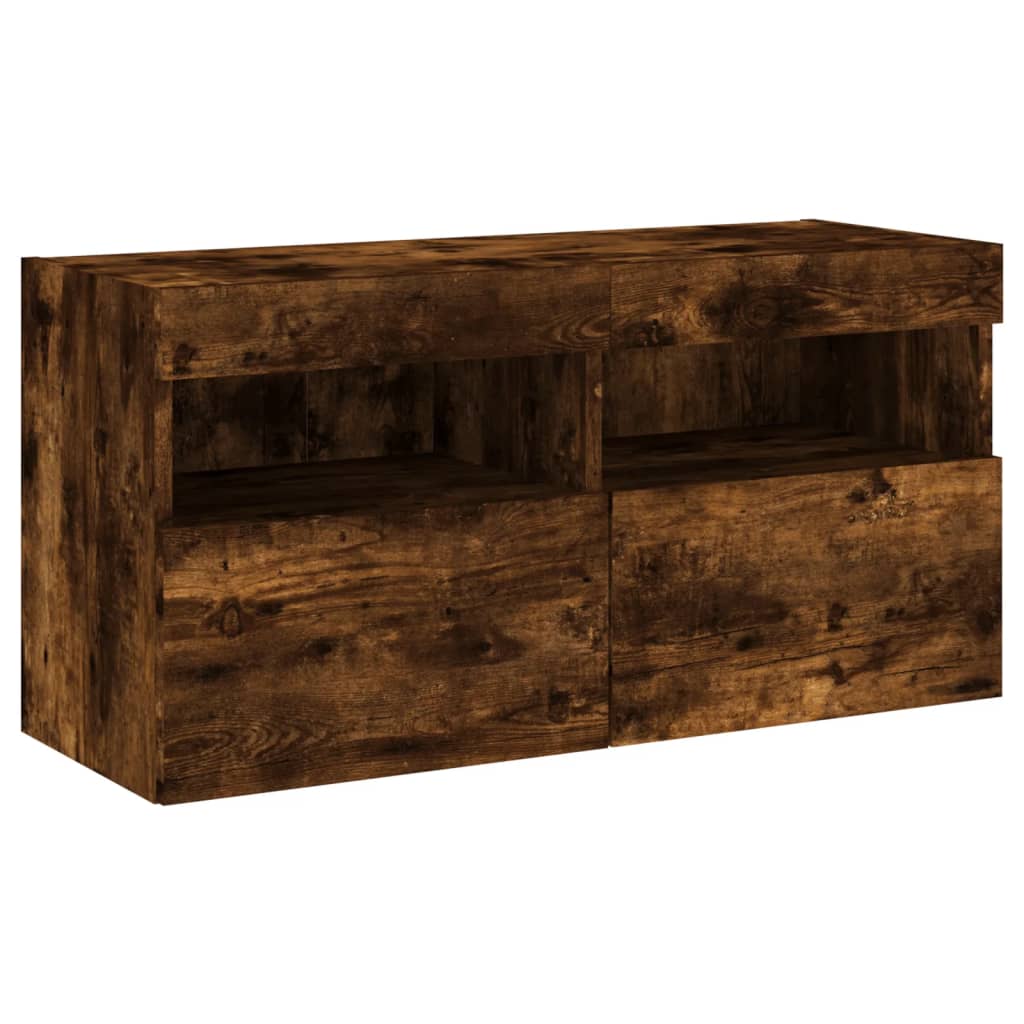 væghængt tv-bord med LED-lys 80x30x40 cm røget egetræsfarve