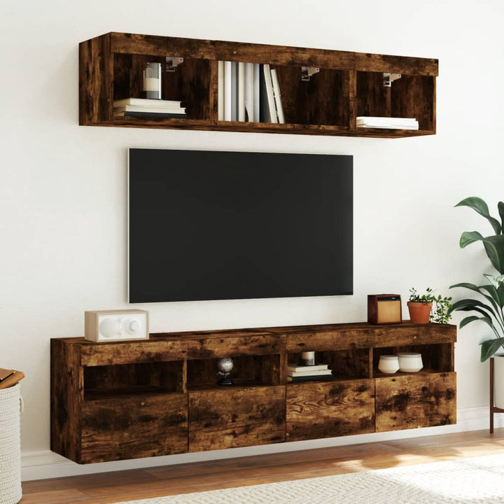 væghængt tv-bord med LED-lys 80x30x40 cm røget egetræsfarve