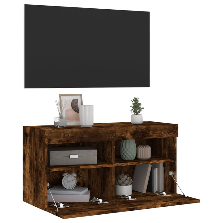 væghængt tv-bord med LED-lys 80x30x40 cm røget egetræsfarve
