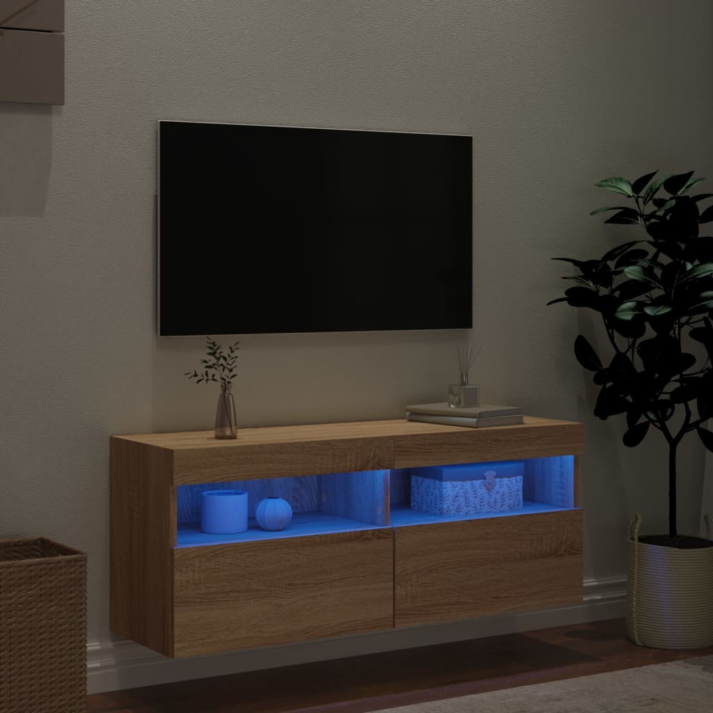 væghængt tv-bord med LED-lys 100x30x40 cm sonoma-eg