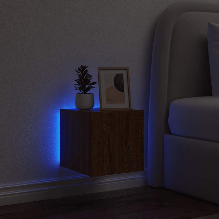 væghængt tv-bord med LED-lys 30,5x35x30 cm brun egetræsfarve