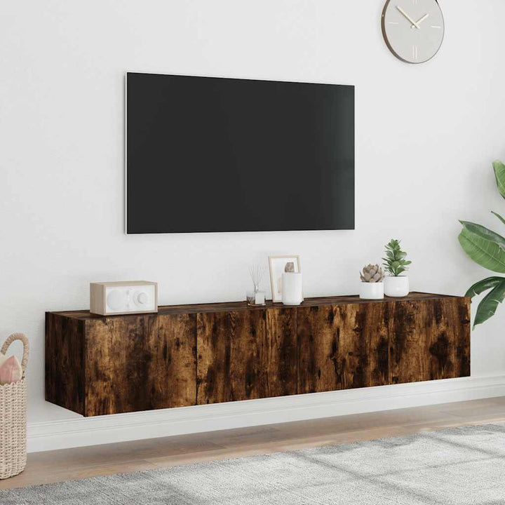 væghængte tv-borde 2 stk. med LED-lys 80x35x31 cm røget eg