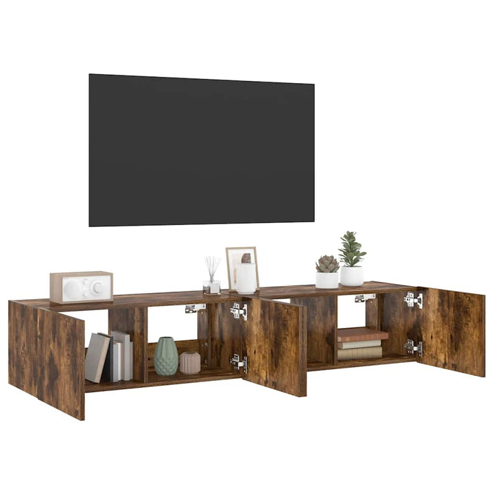 væghængte tv-borde 2 stk. med LED-lys 80x35x31 cm røget eg