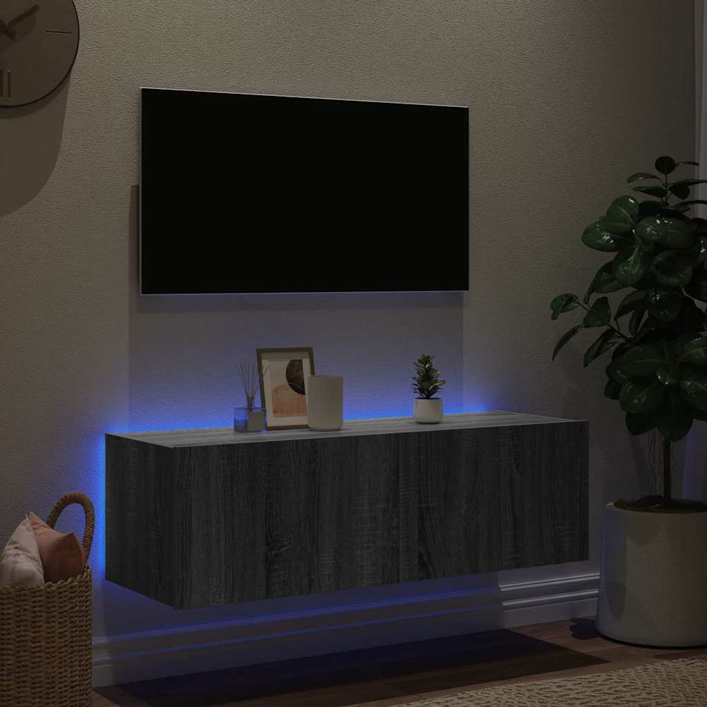 væghængt tv-bord m. LED-lys 100x35x31 cm grå sonoma-eg