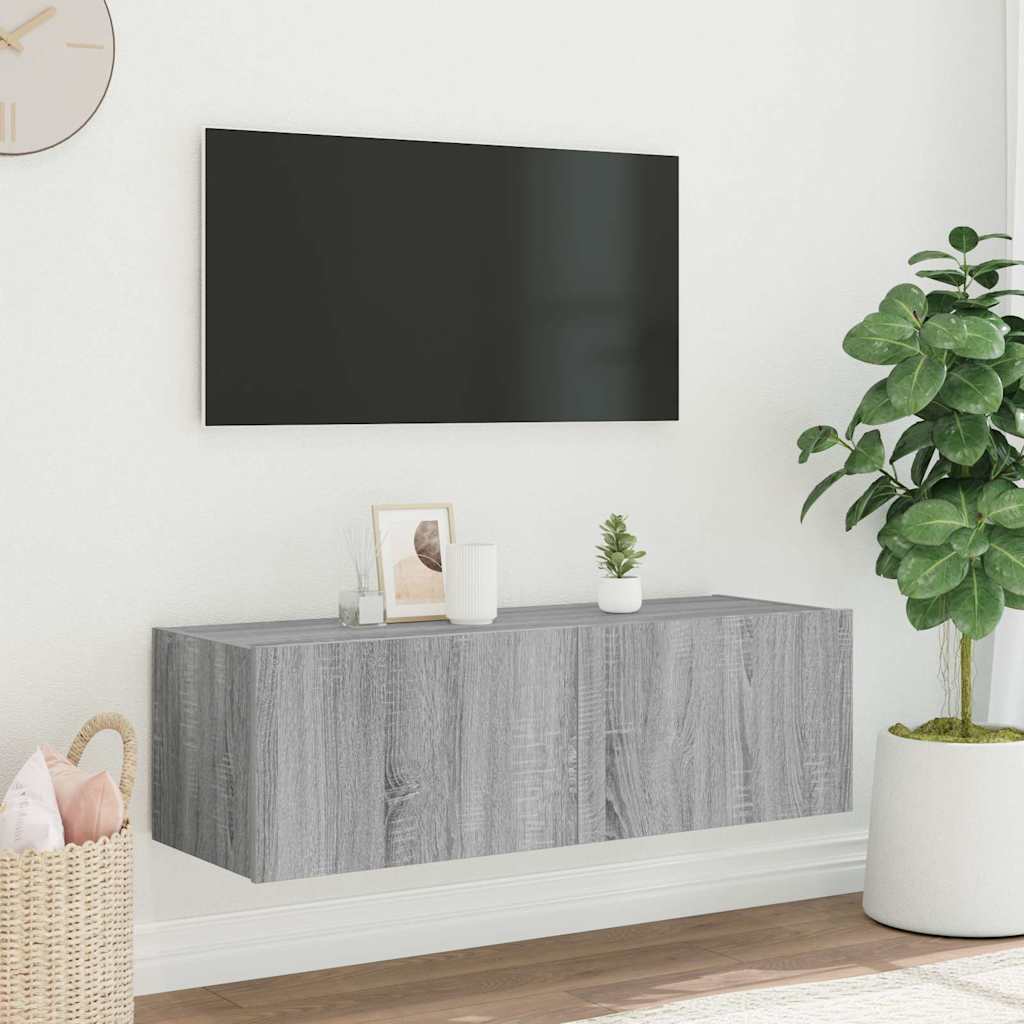 væghængt tv-bord m. LED-lys 100x35x31 cm grå sonoma-eg