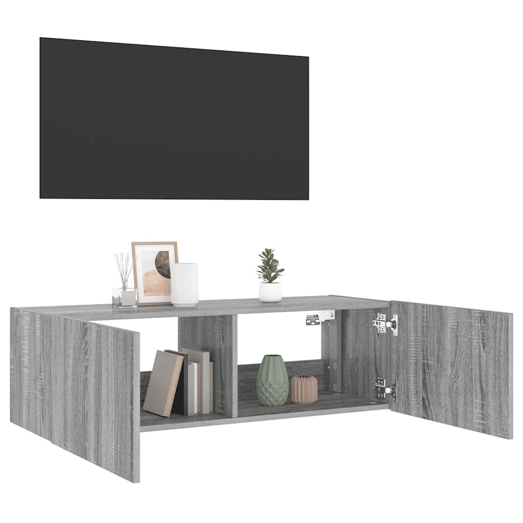 væghængt tv-bord m. LED-lys 100x35x31 cm grå sonoma-eg