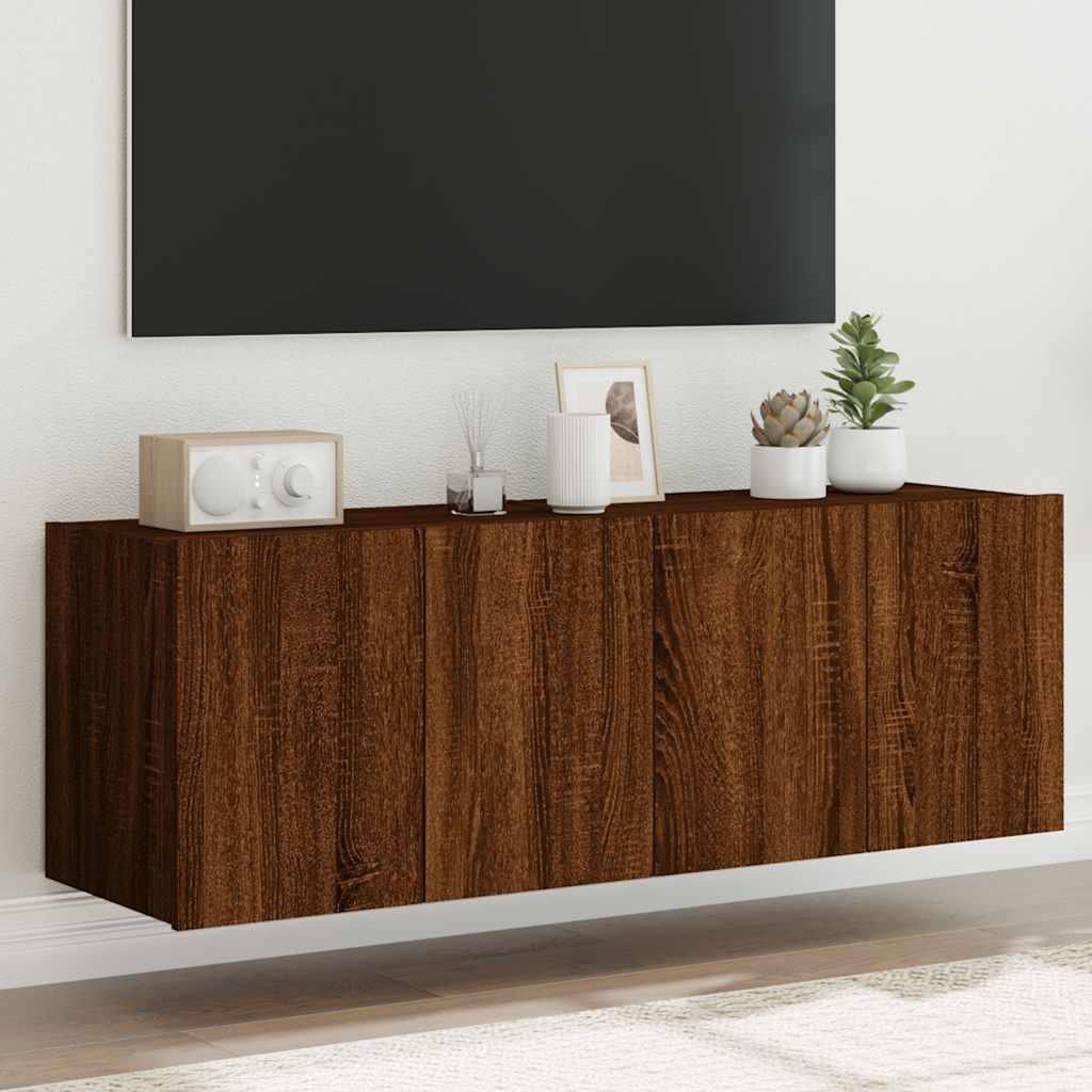 væghængte tv-borde 2 stk. med LED-lys 60x35x41 cm brunt egetræ