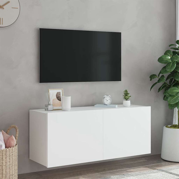 væghængt tv-bord med LED-lys 100x35x41 hvid