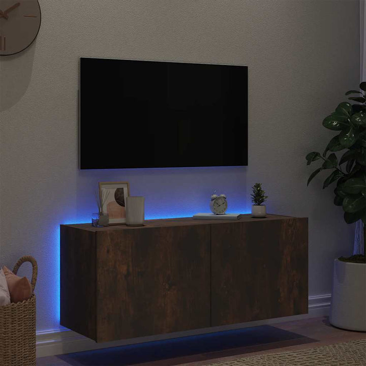 væghængt tv-bord med LED-lys 100x35x41 cm røget egetræsfarve