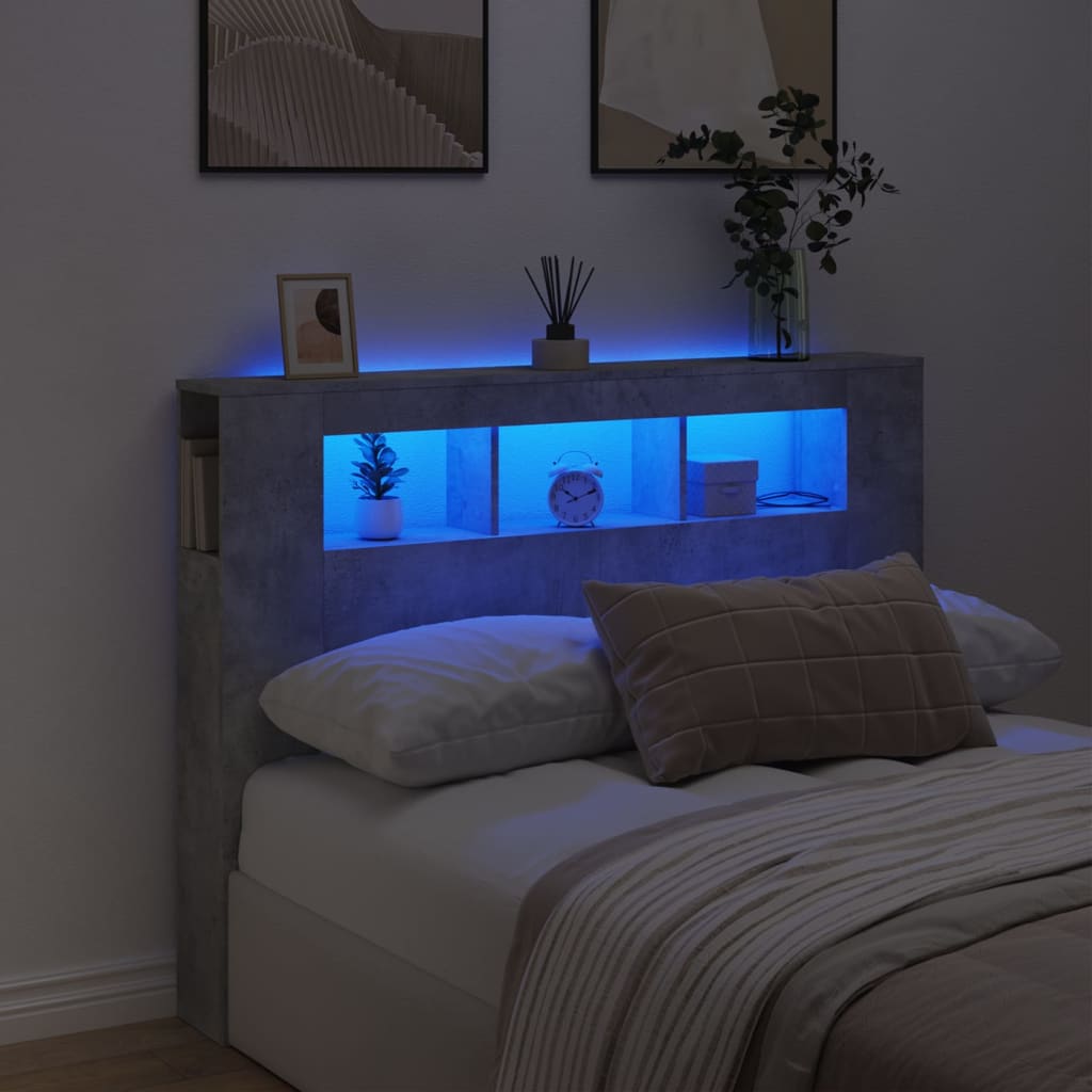 sengegavl m. LED-lys 140x18,5x103,5 cm konstrueret træ betongrå