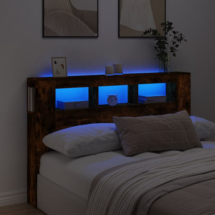 sengegavl m. LED-lys 160x18,5x103,5 cm konstrueret træ røget eg