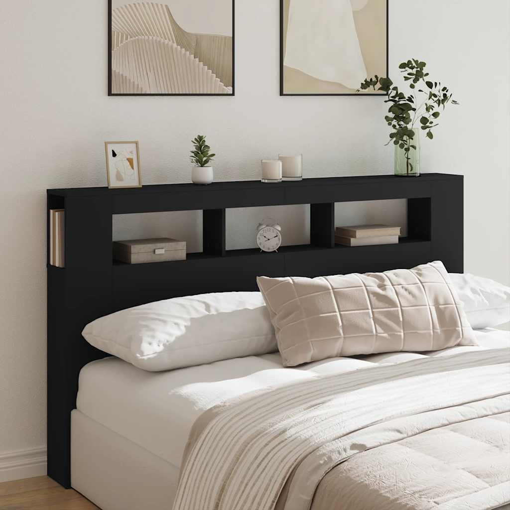 sengegavl med LED-lys 180x18,5x103,5 cm konstrueret træ sort