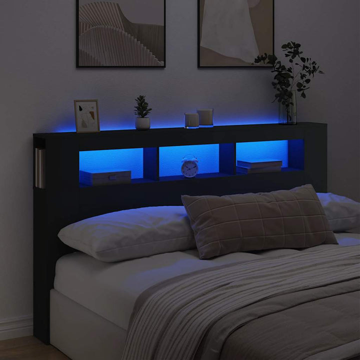 sengegavl med LED-lys 180x18,5x103,5 cm konstrueret træ sort