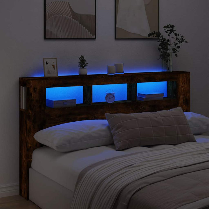 sengegavl m. LED-lys 180x18,5x103,5 cm konstrueret træ røget eg