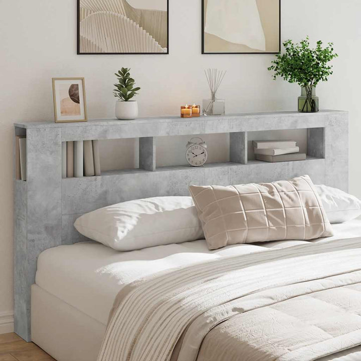 sengegavl m. LED-lys 200x18,5x103,5 cm konstrueret træ betongrå