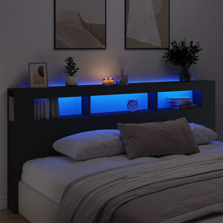 sengegavl med LED-lys 220x18,5x103,5 cm konstrueret træ sort