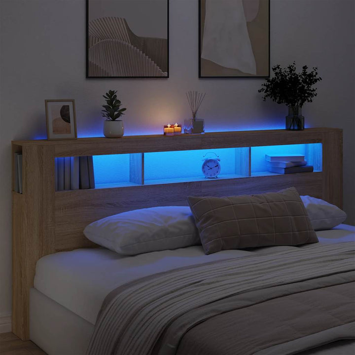 sengegavl 220x18,5x103,5 cm LED-lys konstrueret træ sonoma-eg