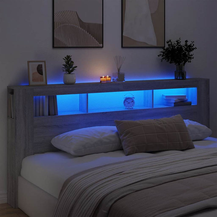 sengegavl 220x18,5x103,5 cm LED-lys konstrueret træ grå sonoma