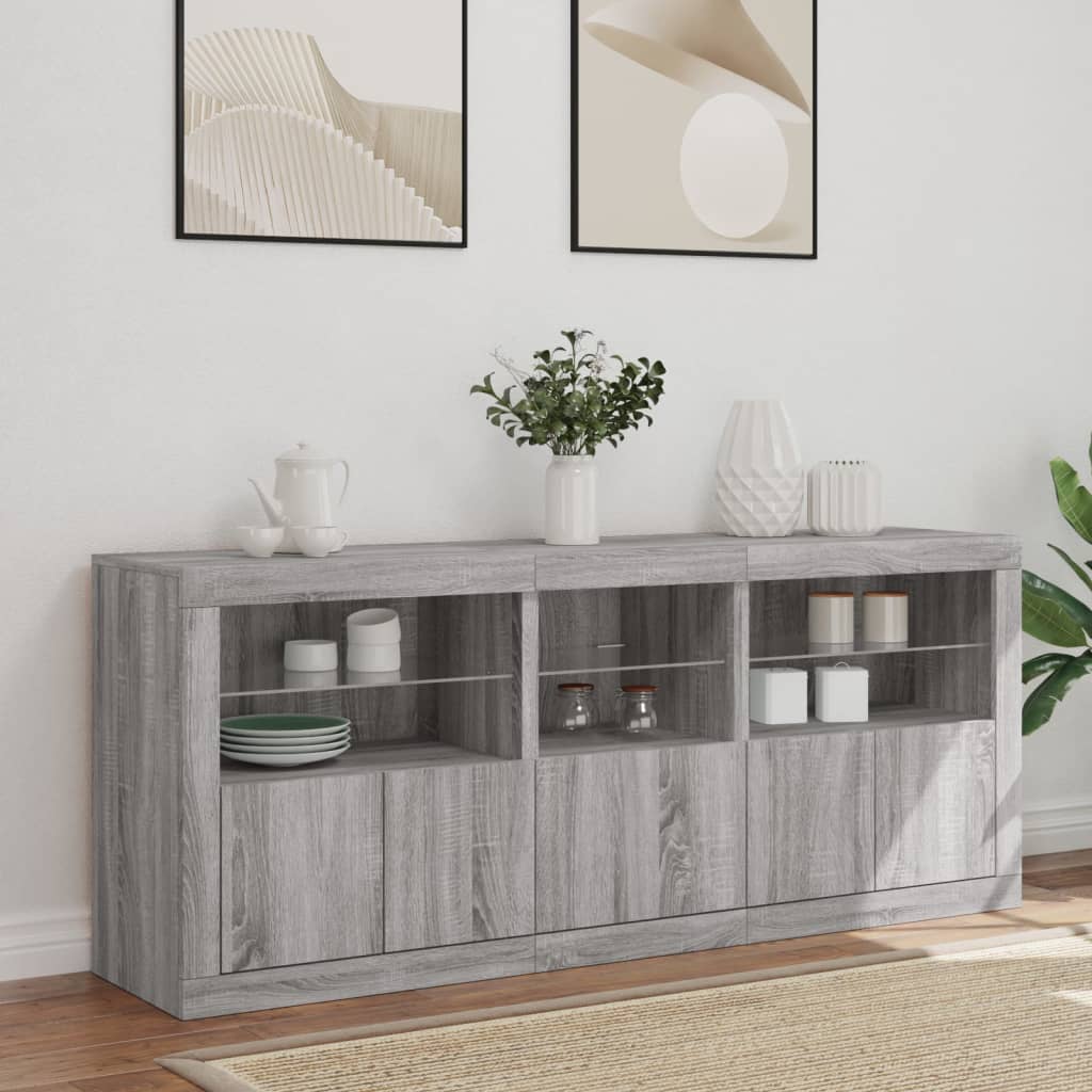 skænk med LED-lys 162x35x75 cm grå sonoma-eg