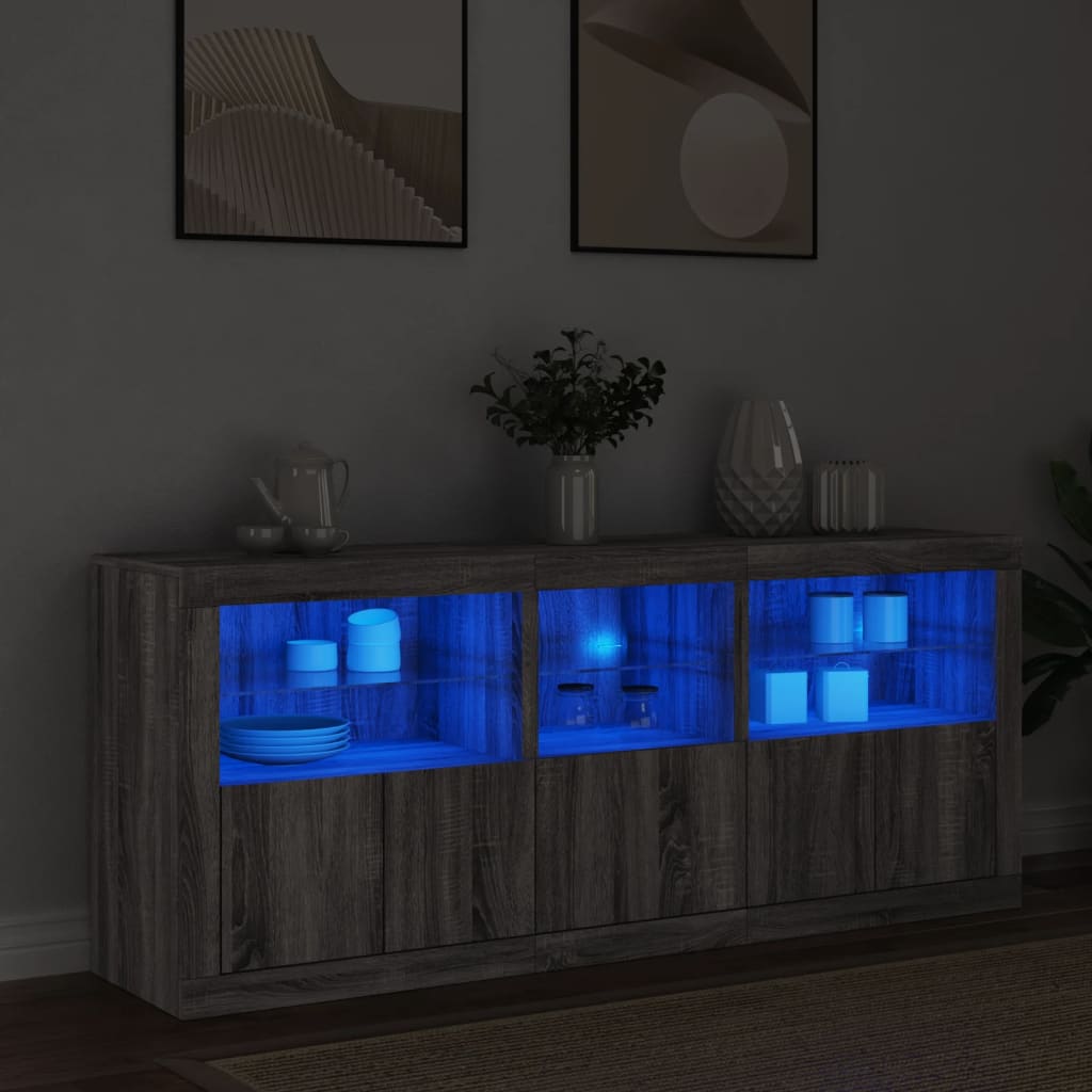 skænk med LED-lys 162x35x75 cm grå sonoma-eg