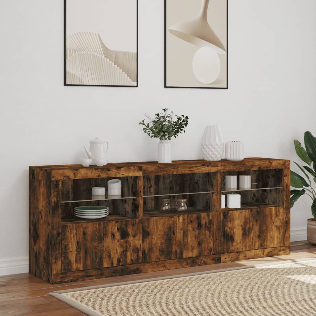 skænk med LED-lys 181,5x37x67cm røget egetræsfarve