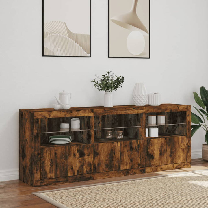 skænk med LED-lys 181,5x37x67cm røget egetræsfarve