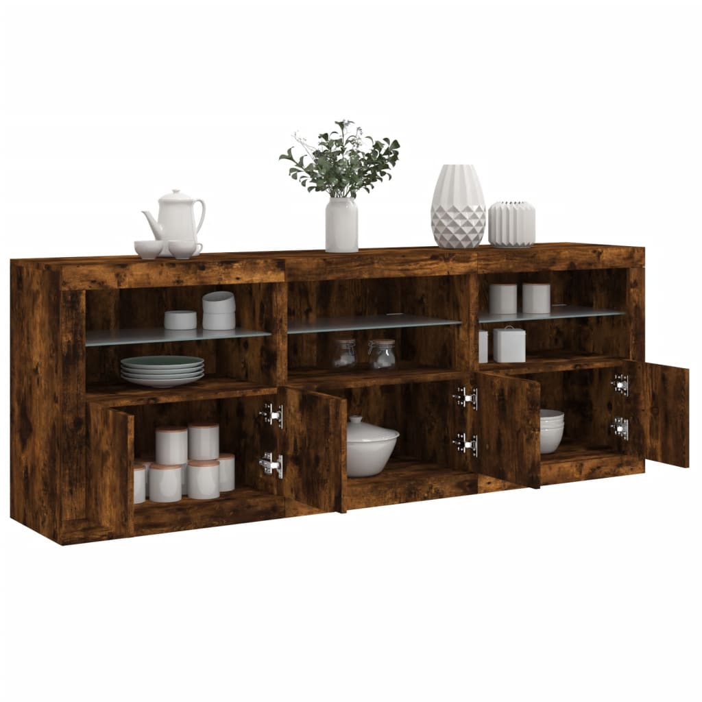 skænk med LED-lys 181,5x37x67cm røget egetræsfarve