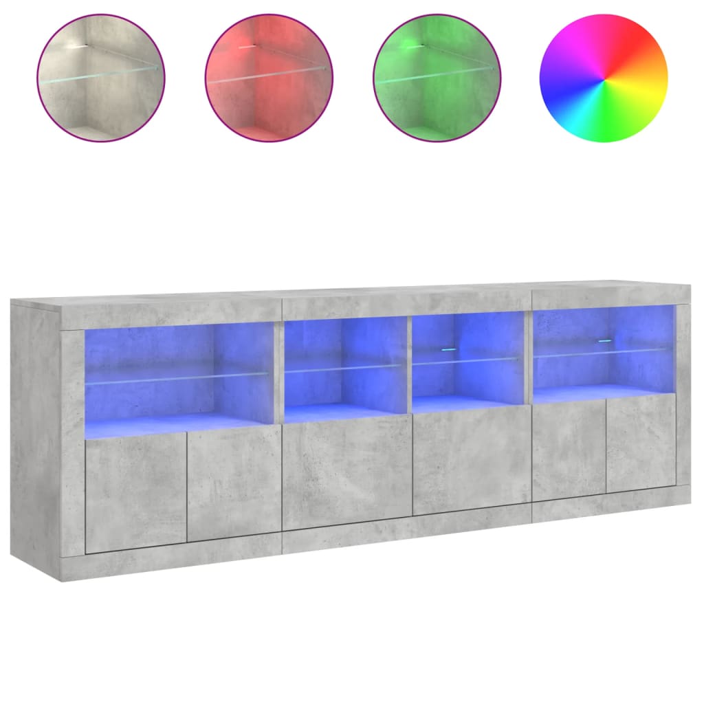 skænk med LED-lys 202x37x67 cm betongrå