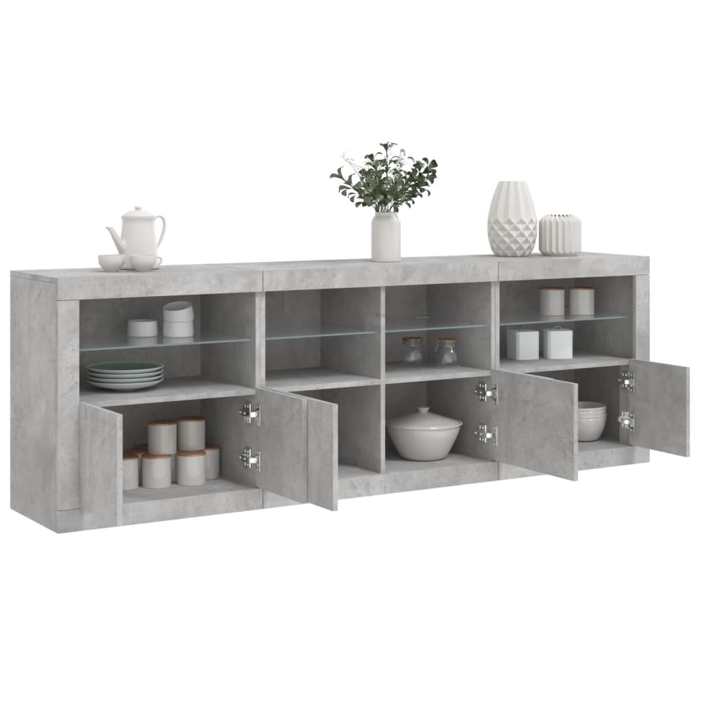 skænk med LED-lys 202x37x67 cm betongrå