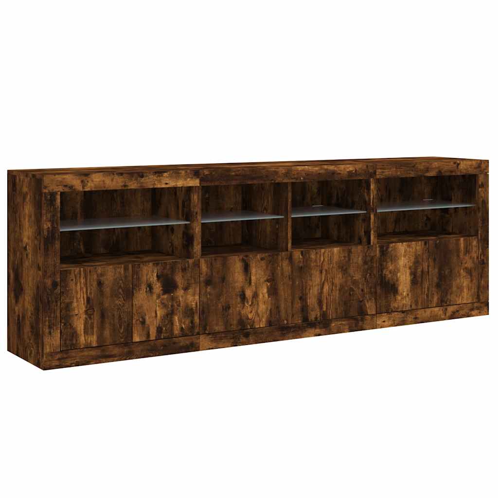 skænk med LED-lys 202x37x67 cm røget egetræsfarve