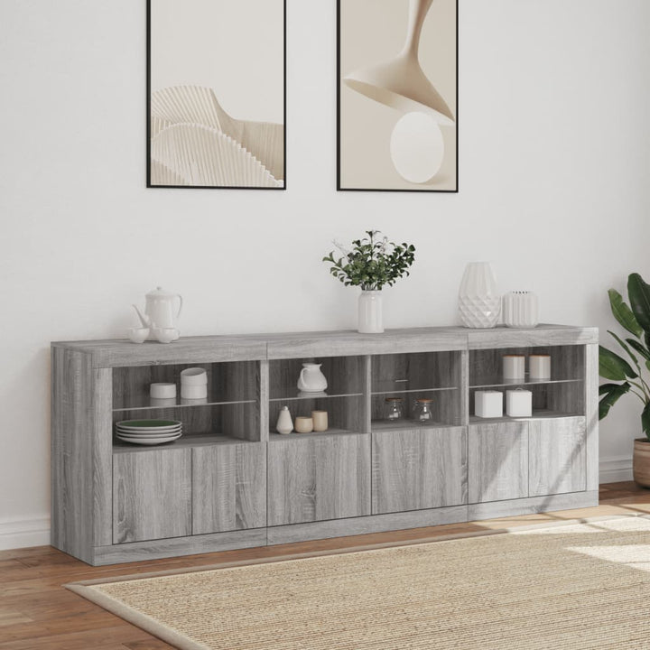 skænk med LED-lys 202x37x67 cm grå sonoma-eg