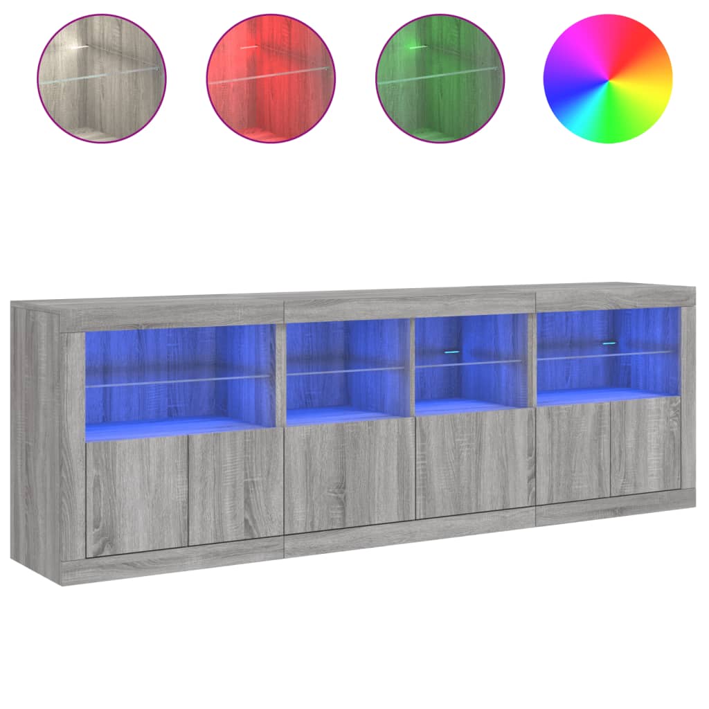 skænk med LED-lys 202x37x67 cm grå sonoma-eg