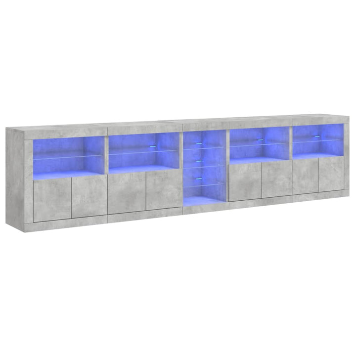 skænk med LED-lys 283x37x67 cm betongrå