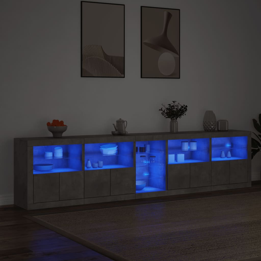 skænk med LED-lys 283x37x67 cm betongrå