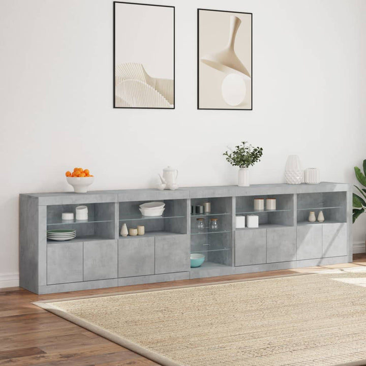 skænk med LED-lys 283x37x67 cm betongrå