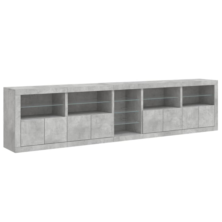 skænk med LED-lys 283x37x67 cm betongrå