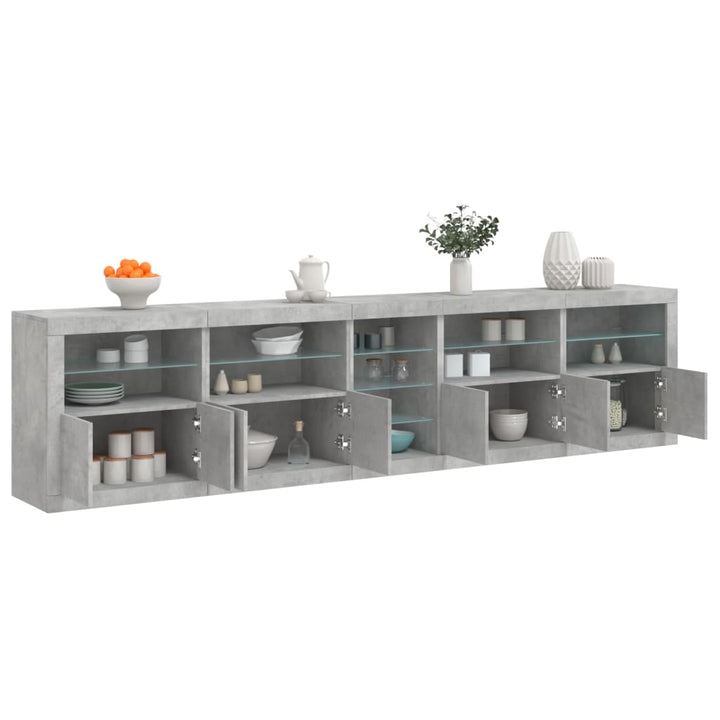 skænk med LED-lys 283x37x67 cm betongrå