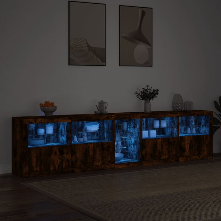 skænk med LED-lys 283x37x67 cm røget egetræsfarve