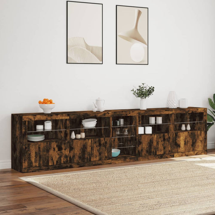 skænk med LED-lys 283x37x67 cm røget egetræsfarve