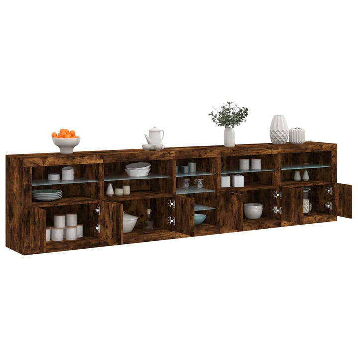 skænk med LED-lys 283x37x67 cm røget egetræsfarve