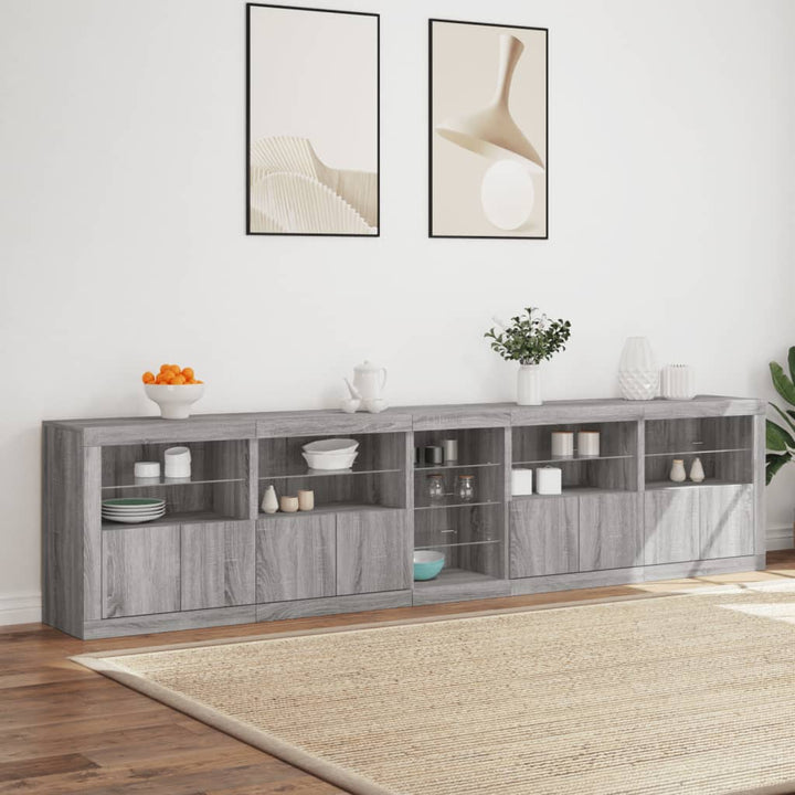 skænk med LED-lys 283x37x67 cm grå sonoma-eg