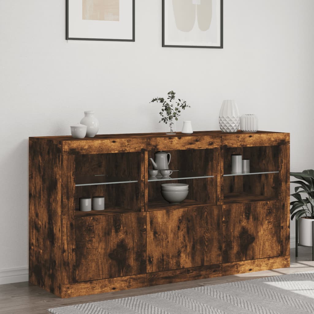 skænk med LED-lys 123x37x67cm røget egetræsfarve