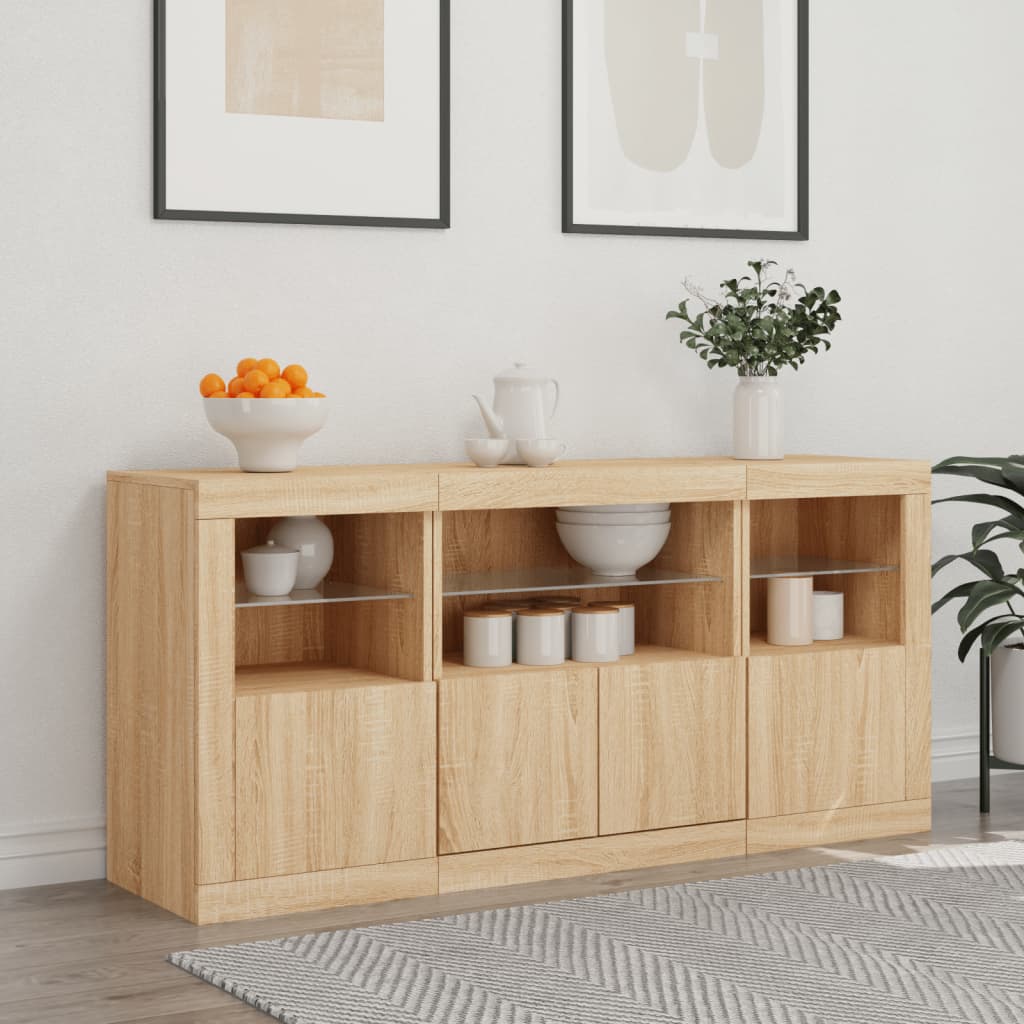 skænk med LED-lys 142,5x37x67 cm sonoma-eg