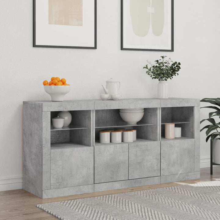 skænk med LED-lys 142,5x37x67 cm betongrå