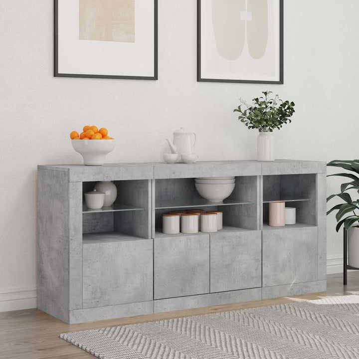 skænk med LED-lys 142,5x37x67 cm betongrå