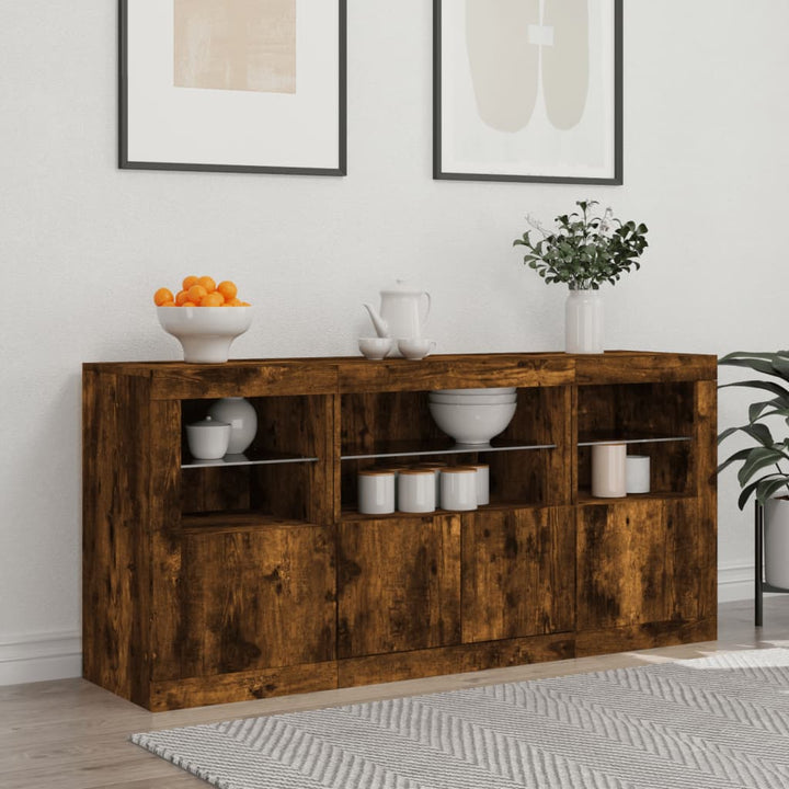 skænk med LED-lys 142,5x37x67cm røget egetræsfarve